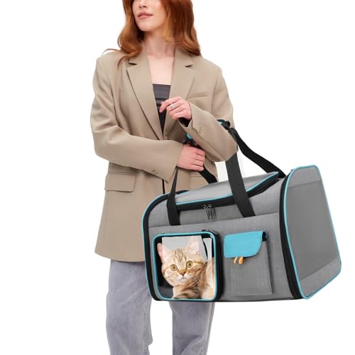 PETCUTE Transporttasche Katze,Faltbar Katzentransportbox mit Abnehmbarem Plüschkissen,Atmungsaktiv Haustiertragetasche mit mit Sicherheitsgurt,Transportbox für Haustiere Mittel Kleine Hund Katze von PETCUTE