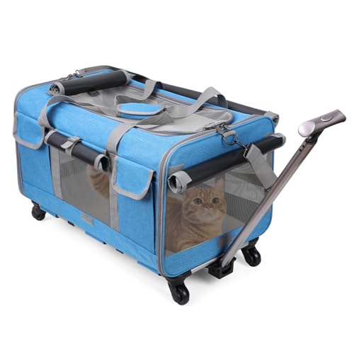 PETCUTE Transporttasche für Katze mit Rollen,Atmungsaktiv Katzen Transporttasche für 2 Katzen,Faltbarer Katzentransportbox Hundetragetasche mit Teleskopgriff,Herausnehmbare Matte, ideal für Reisen von PETCUTE