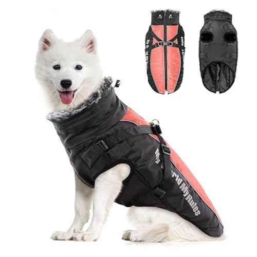 PETCUTE Hundemantel Wasserdichter,Reflektierend Hundejacke für Kleine Mittlere Große Hunde,Verstellbar Windabweisender Hundejacke,Warmer Hund Wintermantel mit Geschirr,Ideal für den Winter,XL von PETCUTE