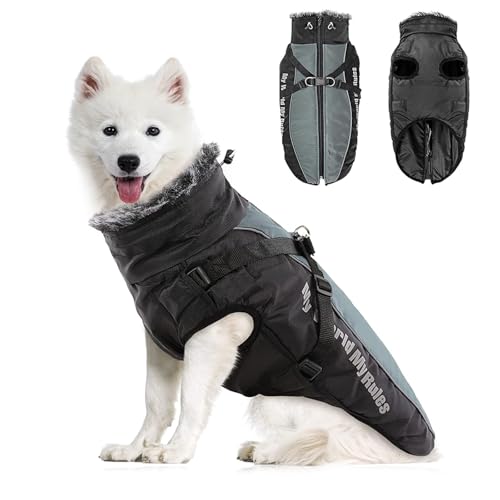 PETCUTE Hundemantel Wasserdichter,Reflektierend Hundejacke für Kleine Mittlere Große Hunde,Verstellbar Windabweisender Hundejacke,Warmer Hund Wintermantel mit Geschirr,Ideal für den Winter,4XL von PETCUTE