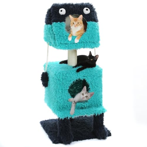 PETEPELA Monster-Stil Katzenhaus mit Kratzstamm, 2 in 1 Katzenhöhle warm, Kratzbaum mit 2 kuschelhöhlen, lustiges Katzenhöhle mit abnehmbaren Katzenbett Katzenkorb für Indoor-Katzen lila von PETEPELA