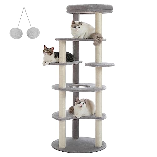 PETEPELA 154,9 cm Katzenbaum für Indoor-Katzen, [6 Ebenen] Katzenkletterturm mit 9 Sisal-Kratzstämmen und austauschbarem baumelnden Ball & Top Sitzstange, Grau von PETEPELA