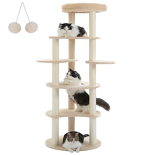 PETEPELA 155 cm Kratzbaum für Indoor-Katzen, Katzenkletterturm mit 9 Sisal-Kratzstämmen [6-stufig], kreisförmigem Spielboden und austauschbarer baumelnder Sitzstange, Holz, Beige von PETEPELA