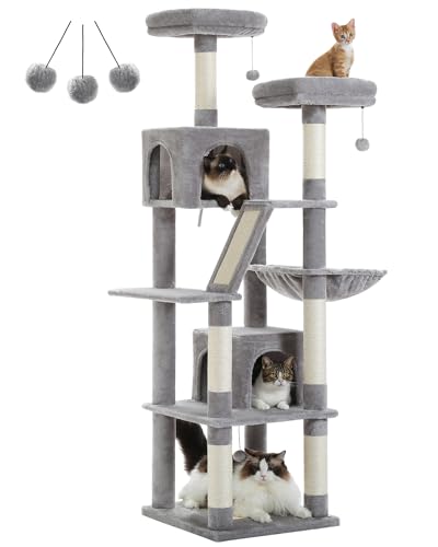 PETEPELA Kratzbaum, Großer Spielturm, mit 6 Kratzbäumen, 2 Kratzbrettern, 2 Plattformen, 2 Hundehütten, 1 Hängematte, 2 Pompons, Plüsch-Stoff, Multi-Level, 180cm, grau von PETEPELA