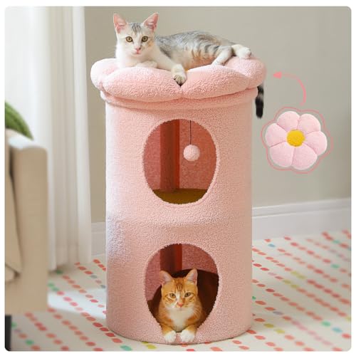 PETEPELA 2-stöckige Katzenbetten für Indoor-Katzen, Katzenbaum mit abnehmbarem Blumen-Katzenbett, niedliches Katzenbett, Höhle, Katzenversteckbett, Indoor-Kratzbaum-Wohnung für große Katzen, 50,8 x von PETEPELA