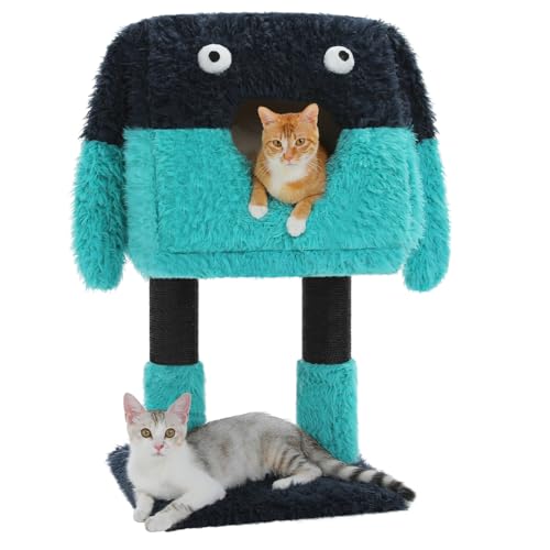 PETEPELA Monster-Stil Katzenhaus mit Kratzstamm, 2 in 1 Katzenhöhle warm, Kratzbaum mit kuschelhöhle, lustiges Katzenhöhle mit abnehmbaren Katzenbett Katzenkorb für Indoor-Katzen blau von PETEPELA