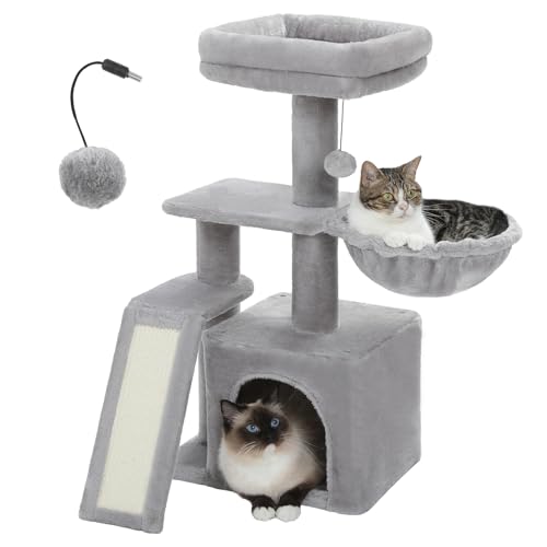 PETEPELA Kleiner Kratzbaum für Indoor-Katzen, 81,3 cm, niedlicher Katzenturm, Katzenhaus mit Sisal-Kratzrampe, gemütlicher Hängematte und abnehmbarer Sitzstange für Kätzchen, Grau von PETEPELA