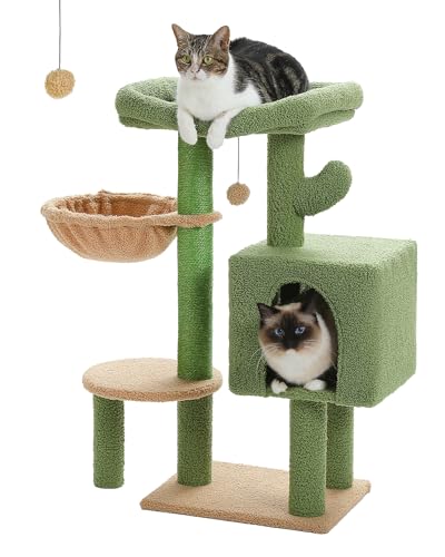 PETEPELA 90 cm großer Kaktus-Kratzbaum, niedlicher Katzenturm für Indoor-Katzen, große gepolsterte Sitzstange, bequeme Hängematte, Katzenkratzbaum und baumelnder Ball, für kleine bis mittelgroße von PETEPELA