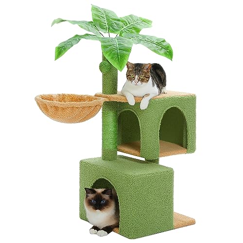 PETEPELA 110cm Kaktus Katzenbaum für Indoor Katzen Grüner Katzenturm mit 2 großen Höhlen Hängematte Sisal Kratzbaum Hängender Pompon Grün von PETEPELA