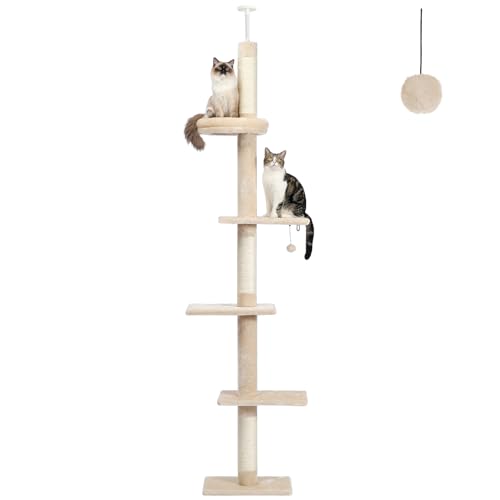 PETEPELA Katzenbaum, 5-stöckig, Katzenbaum von Boden zu Decke, höhenverstellbar (244-274 cm), großes Kätzchen-Kletterzentrum mit Kratzbaum, gemütliches Bett, baumelnder Ball für Indoor-Katzen, Beige von PETEPELA