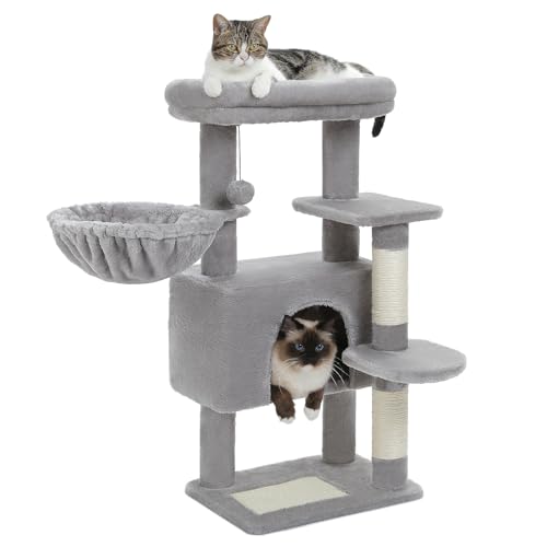 PETEPELA Katzenbaum 88cm für Indoor-Katzen Condo Katzenhaus mit Hängematte Höhle Katzenaktivitätzentrum mit Top abnehmbaren Bett, grau von PETEPELA