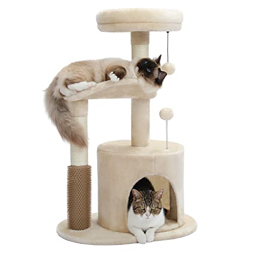 PETEPELA Kratzbaum Klein 83cm Modern Kratzbaum für Kleine bis Mittelgroße Katzen Katzenbaum mit Plüsch Höhle Bommel Ball Sisalseil Kratzbaum Beige von PETEPELA