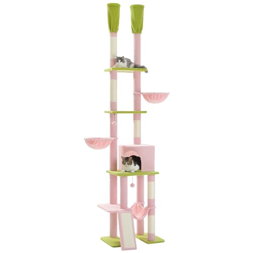 PETEPELA Kratzbaum deckenhoch Katzenturm mit großen Condo einstellbare Höhe 216cm-285cm, 5 Tiers Katzensaktivitätszentrum mit gemütlichen Hängematte, Plattformen und Dangling Balls rosa von PETEPELA