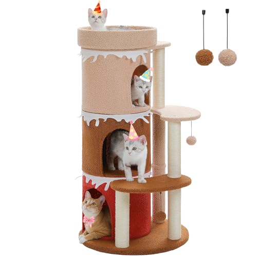 PETEPELA Kratzbaum Katzenkletterturm für Indoor-Katzen, 5-stöckiger Katzenbaum mit 3 super großen Katzenhütten, Big Top Sitzstange und Sisal überzogenen Kratzbäumen für große Katzen Geschenk, Braun von PETEPELA