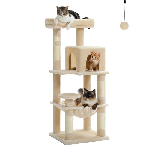 PETEPELA Kratzbaum für Indoor-Katzen, 5-stöckiger Katzenturm für große Katzen mit Metallrahmen, große Hängematte (43,9 x 38,9 cm), Katzenhütte mit (47 x 33 cm) großer Sitzstange oben und 4 Kratzbäumen von PETEPELA