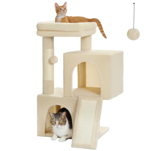 PETEPELA Kratzbaum mit Dual Condos für Wohnungskatzen, All-in-One-Katzenhaus mit gepolsterter Sitzstange, Kratzrampe und Pfosten und austauschbaren Bällen Beige von PETEPELA