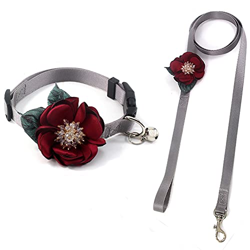 PETFAVORITES Hundehalsband für kleine Mädchen, abnehmbares Blumen-Katzenhalsband für Mädchen und Katzen, mit schickem Kristall, grünem Blatt und Glöckchen, weiches Nylon-Halsband für Hündinnen (rotes von PETFAVORITES