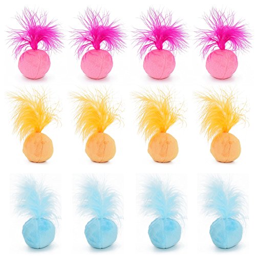 PETFAVORITES Pelziger Rasselball Katzenspielzeug mit Feder und Katzenminze - Interaktive Pom Pom Bälle für Katzen, weich und leicht, 5,1 cm, 12 Stück von PETFAVORITES