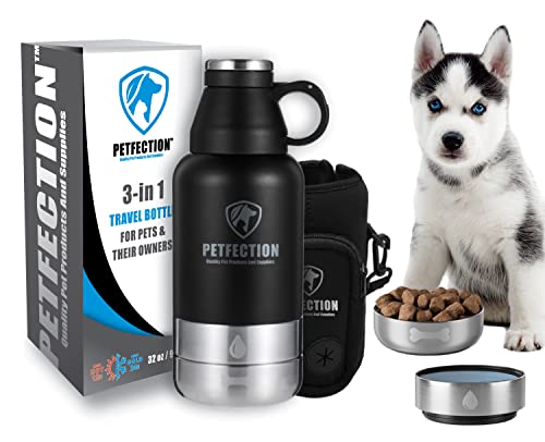 PETFECTION 3-in-1 tragbare Reise-Wasserflasche für Hunde mit Zwei abnehmbaren Wasser- und Futternäpfen, 900 ml, Edelstahl, isoliert, Reise-Wasserflaschenspender für Hunde mit Tragetasche von PETFECTION