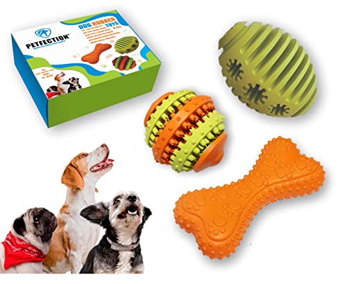 PETFECTION Kauspielzeug für Hunde, 3 Stück, Hundespielzeug für aggressive Kauer, große Rassen, multifunktionale Zahnreinigung und Zahnfleischmassage, Robustes Hundespielzeug aus 100% Naturkautschuk von PETFECTION