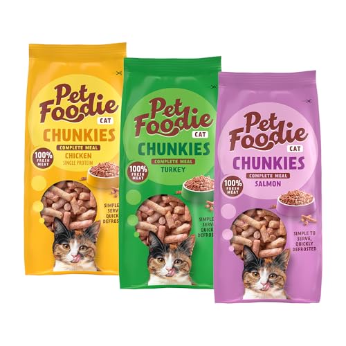 PetFoodie Chunkies 1x Pute, 1x Huhn, 2X Lachs für Katzen - 100% Frischfleisch & natürlich, ohne künstliche Farb- & Aromastoffe, ohne Konservierungsstoffe, glutenfrei, für alle Katzen, 4X 300g TK-Ware von PETFOODIE