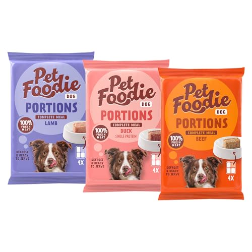 PetFoodie gefrorenes Frischfleisch für Hunde Portions 1x Ente, 2x Rind, 1x Lamm, Tiefkühlfutter für kleine & mittlere Hunde glutenfrei, ohne künstliche Farb- & Aromastoffe, schnell serviert 4x (4x60g) von PETFOODIE