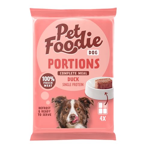 PetFoodie gefrorenes Frischfleisch für Hunde - Portions Ente - Tiefkühlfutter für kleine & mittelgroße Hunde - glutenfrei, ohne künstliche Farb-& Aromastoffe, einfach & schnell zu servieren, 14x 4x60g von PETFOODIE