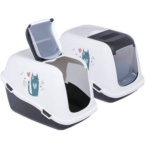 2er Sparpack Katzentoilette Katzenklo Haubentoilette mit großer Klappe und Dekor Weiss-dunkelgrau 57 x 39 x 41 cm von PETGARD