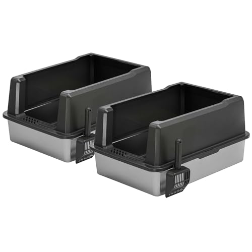 2er Sparpack XXL Katzentoilette mit Edelstahlwanne und Rand 71 x 50,5 x 35 cm Grau-Silber inkl. Schaufel von PETGARD