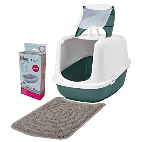 Deluxe Sparpaket Katzentoilette Nestor Jumbo Weiss-dunkelgrün + Vorlegematte + Beutel von PETGARD