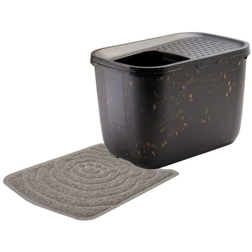 Sparpack Katzentoilette HOP IN mit Einstieg von Oben 58 x 38,5 x 39,5 cm Schwarz-Marmor-Gold mit Vorlegematte von PETGARD