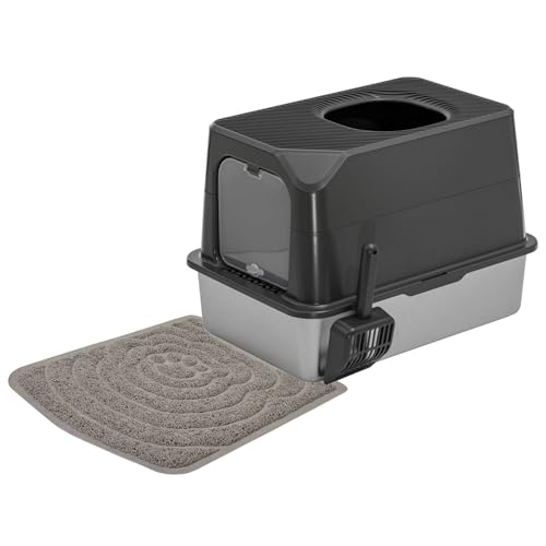 Sparpack Katzentoilette mit Edelstahlwanne und Einstieg vorne und Oben 60 x 40,5 x 42,5 cm Grau-Silber + große Vorlegematte von PETGARD