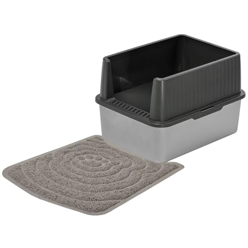 Sparpack Katzentoilette mit Edelstahlwanne und Rand 44 x 34 x 30 cm Grau-Silber + große Vorlegematte von PETGARD