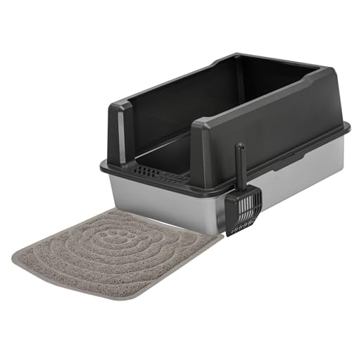 Sparpack XXL Katzentoilette mit Edelstahlwanne und Rand 71 x 50,5 x 35 cm Grau-Silber inkl. Schaufel + große Vorlegematte von PETGARD