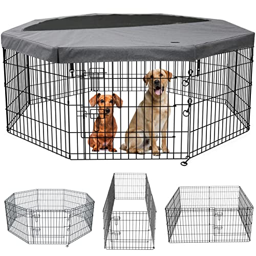 PETIME Zusammenklappbarer Metall-Hunde-Laufstall für Hunde, Hundehütten, Hofzaun, Indoor/Outdoor, 8 Paneele, 61 cm B x 76,2 cm H, mit Abdeckung oben (mit Abdeckung oben, 8 Paneele, 76,2 cm H) von PETIME