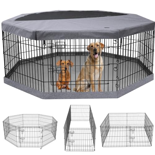 PETIME Zusammenklappbarer Metall-Hunde-Laufstall für Welpen, Hundehütten, Hofzaun, Indoor/Outdoor, 8 Paneele, 61 cm B mit oberer Abdeckung und unterer Unterlage (Laufgitter + untere + obere Abdeckung, von PETIME