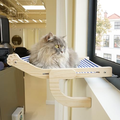 PETKARAY Katzenfensterstange, Verstellbare Katzenhängematte für Fensterbank, Fensterregale und Sitz, Fensterstange für große Katzen, Blau gestreift von PETKARAY