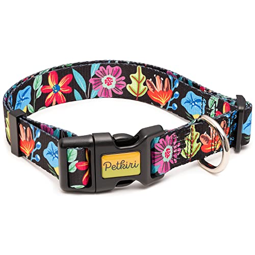 Süßes Hundehalsband mit Blumenmuster für kleine, mittelgroße und große Welpen in Rot, Blau, Rosa, Schwarz für weibliche Männer – Hübsche Blumen-Hundehalsbänder für Mädchen und Jungen (schwarz, klein) von PETKIRI