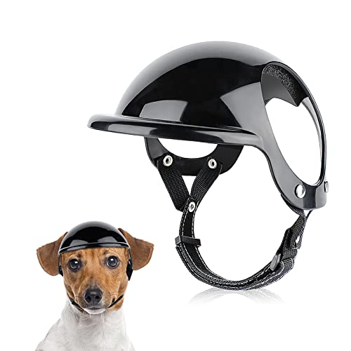 PETLESO Haustierhelm Hund-Motorradhelm Hundehut mit verstellbarem Kopfband Schutzhelm mit Ohrlöchern zum stabilen und bequemen Tragen für Outdoor-Aktivitäten beim Motorradfahren (Schwarz-S) von PETLESO