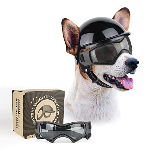 PETLESO Hundebrille mit Helm, Hundehelm und -Brille 2 Stück Set für kleine und mittlere Hunde - Schwarz von PETLESO