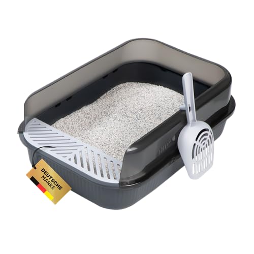 PETLIMA® | Offenes Katzenklo 50,5x34,5x18,5cm - Hoher Rand, frische Luft, Artgerecht, Katzentoilette mit Streuschaufel & Gitter für saubere Umgebung (für kleine Katzen & Kitten) [Anthrazit] von PETLIMA