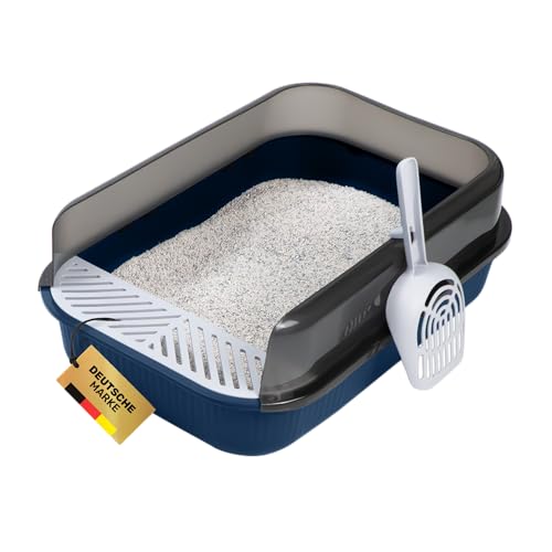 PETLIMA® | Offenes Katzenklo 50,5x34,5x18,5cm - Hoher Rand, frische Luft, Artgerecht, Katzentoilette mit Streuschaufel & Gitter für saubere Umgebung (für kleine Katzen & Kitten) [Blau] von PETLIMA