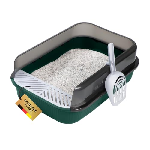 PETLIMA® | Offenes Katzenklo 50,5x34,5x18,5cm - Hoher Rand, frische Luft, Artgerecht, Katzentoilette mit Streuschaufel & Gitter für saubere Umgebung (für kleine Katzen & Kitten) [Grün] von PETLIMA