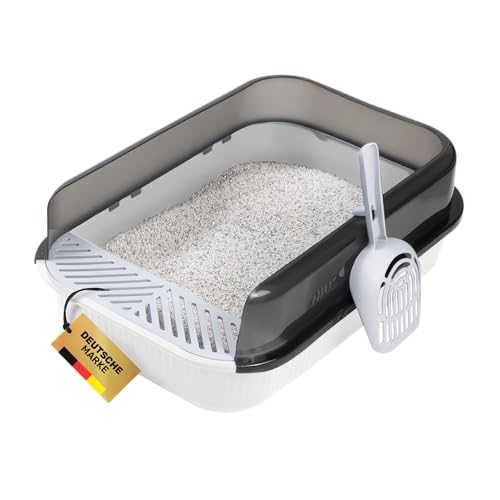 PETLIMA® | Offenes Katzenklo 50,5x34,5x18,5cm - Hoher Rand, frische Luft, Artgerecht, Katzentoilette mit Streuschaufel & Gitter für saubere Umgebung (für kleine Katzen & Kitten) [Weiß] von PETLIMA