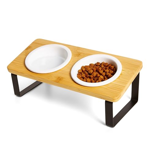 PETLINUS Futterstation Katzen Erhöht, Ergonomischer Katzennapf Erhöht, Katzen Fressnapf Keramik und Holz, Futternapf Katze Erhöht für Katzen und kleine Hunde, fressnapf Katze erhöht (Bambus) von PETLINUS