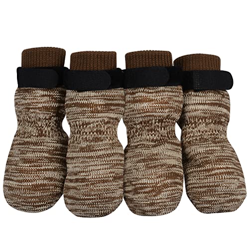 PETLOFT Anti-Rutsch Hundesocken, 4 Stück Indoor rutschfest Hundesocken mit Einstellbar Abnehmbar Befestigungsband für Kleine Mittelgroße Hunde Katzen Welpen Altere Haustiere (XL, Hellbraun Pfote) von PETLOFT