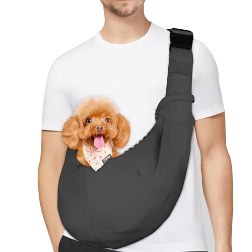 PETLOFT Tragetuch Hund, Reversibel Kleine Hundetrage, Einstellbar Pet Tragetuch, Freisprecheinrichtung Cross-Body Carrier mit Halsband für Hund/Katze/Hase (Dunkelgrau) von PETLOFT