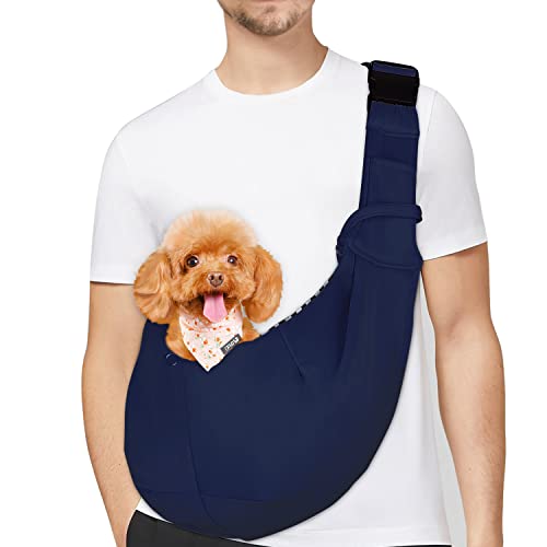 PetLoft Tragetuch Hund, Reversibel Kleine Hundetrage, Einstellbar Pet Tragetuch, Freisprecheinrichtung Cross-Body Carrier mit Halsband für Hund/Katze/Hase (Blau) von PETLOFT