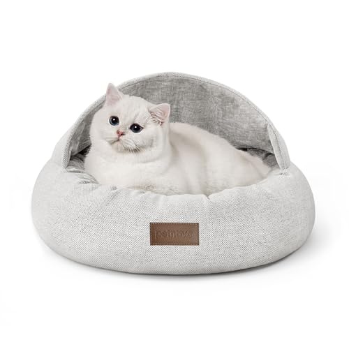 PETNOVO Beruhigendes Katzenbett, Höhle, rutschfestes, rundes Hundebett mit Kapuze, Katzenbetten für Indoor-Katzen mit abnehmbarem Kissen, 61 x 61 x 35 cm, Hellgrau von PETNOVO