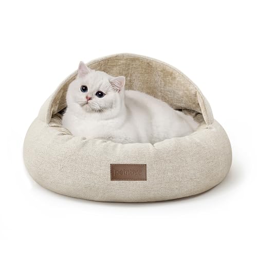 PETNOVO Beruhigendes Katzenbett, Höhle, rutschfestes, rundes Hundebett mit Kapuze, Katzenbetten für Indoor-Katzen mit abnehmbarem Kissen, 61 x 61 x 35 cm, Hellkhaki von PETNOVO